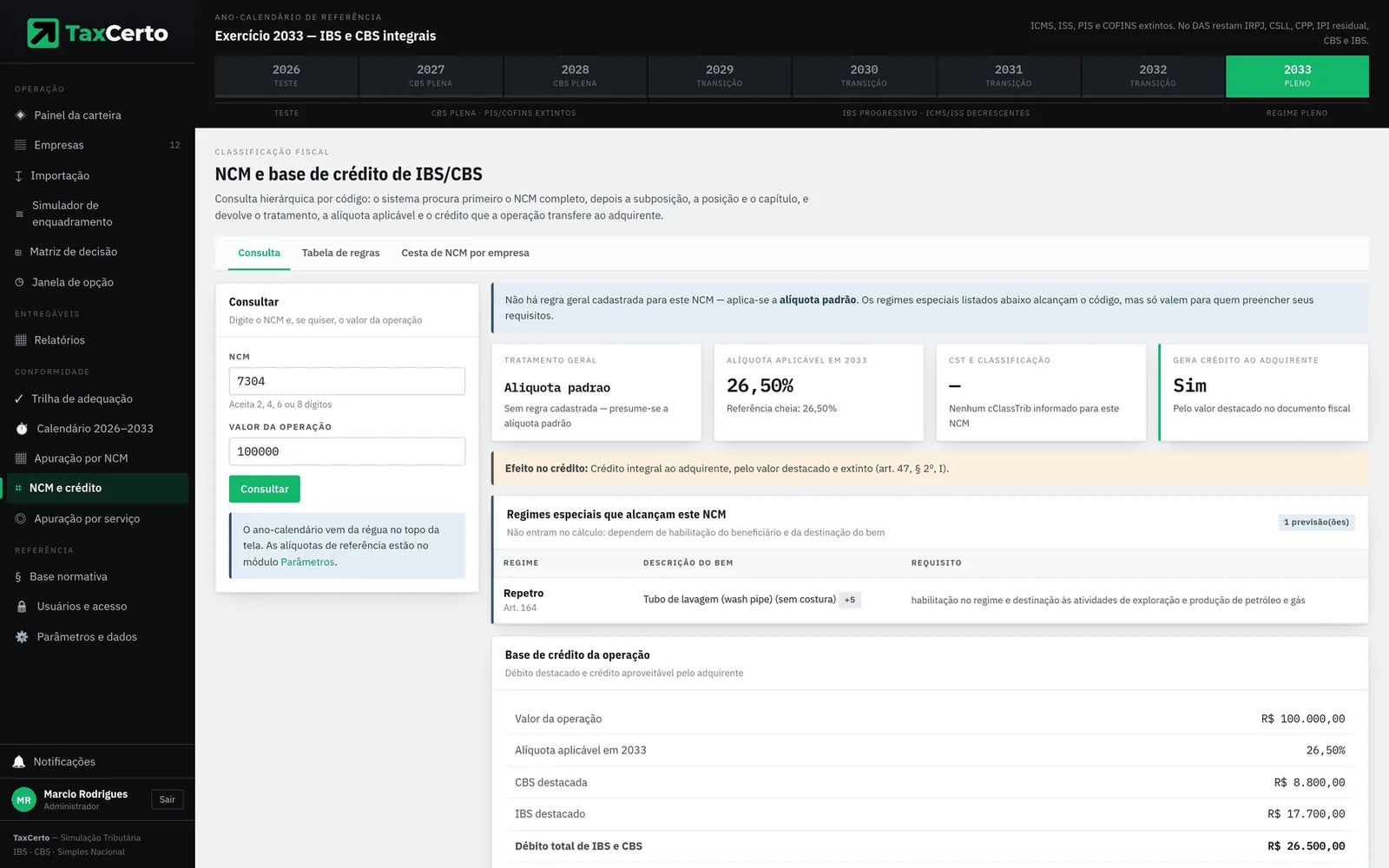 NCM e base de crédito: consulta do código 7304 com alíquota aplicável e regimes especiais destacados