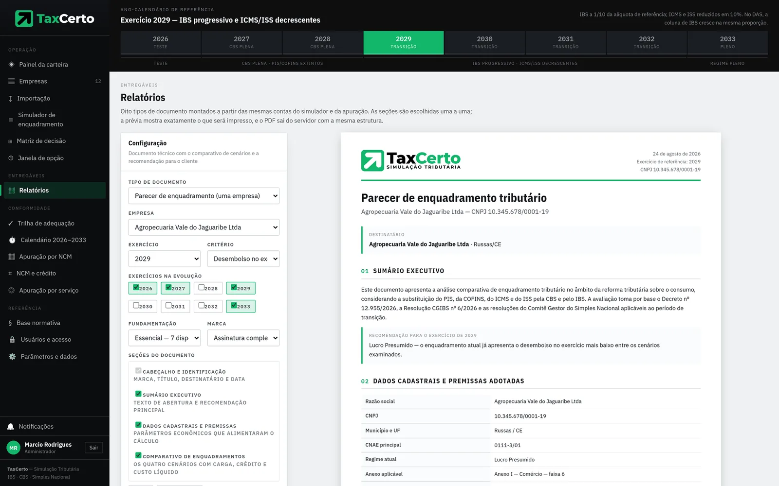 Tela de relatórios do TaxCerto: painel de configuração à esquerda e a prévia do parecer de enquadramento à direita